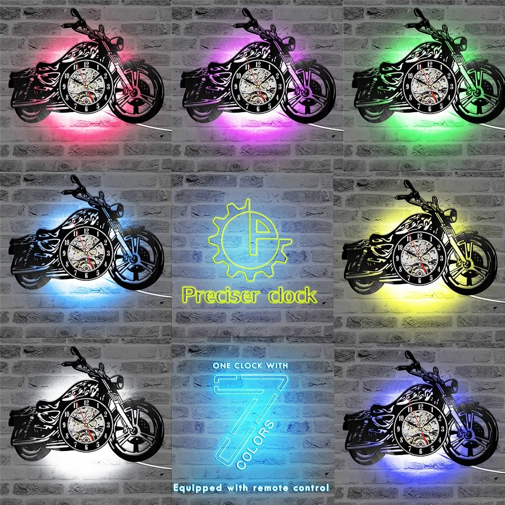 3D Creative Classic Vinyl Record Clock Motorcycle Fans Gift Hollow Motorcycle Shape Wall Art Motorcycle Rider LED Clock