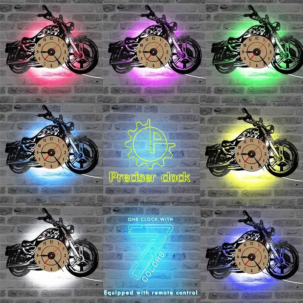 3D Creative Classic Vinyl Record Clock Motorcycle Fans Gift Hollow Motorcycle Shape Wall Art Motorcycle Rider LED Clock