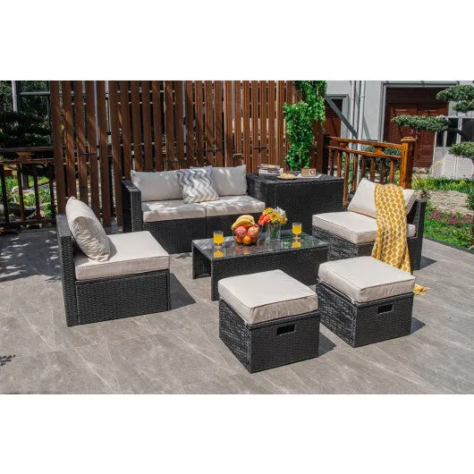 8 Pieces Patio Rattan Storage Table Furniture Set-Off White