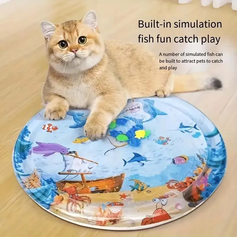 Interactive Aqua Cat Play Mat - PVC Splash Mat with Floating Fish Design and Kick Toy