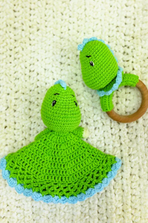 Plumtales"Rory -The Dino"Handmade Amigurumi Teether Cum Rattle