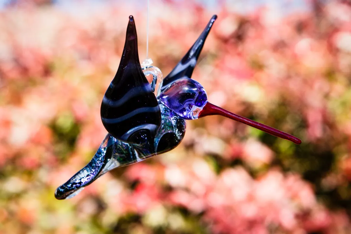 Purple Dichroic Twist Glass Hummingbird with Infused Ash