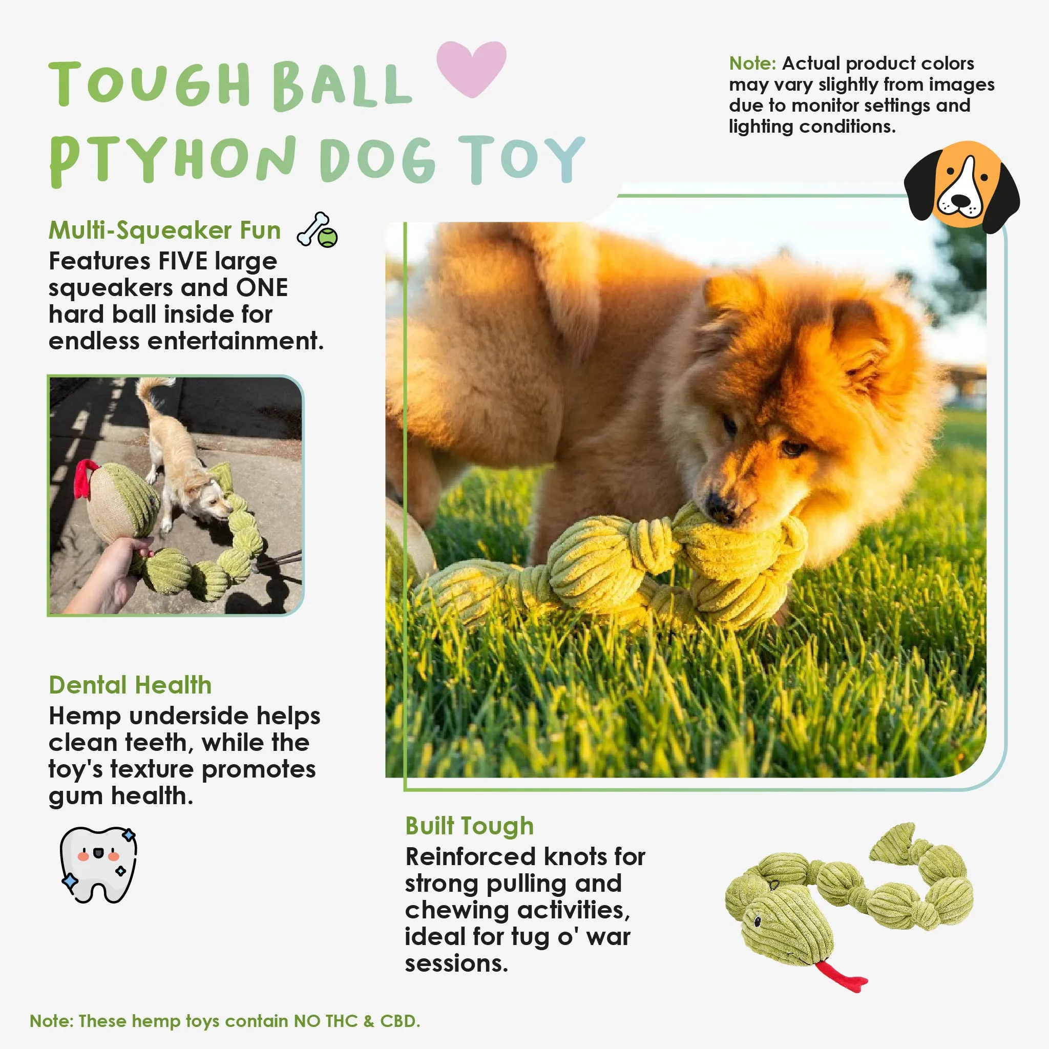 Tough Ball Python Dog Toy: Five Durable Squeakers & Hard Ball, Mentally & Physically Stimulates, Tug of War, Reinforced Knots for Tough Play, Cleans Teeth, Variety of Textures, for Pets