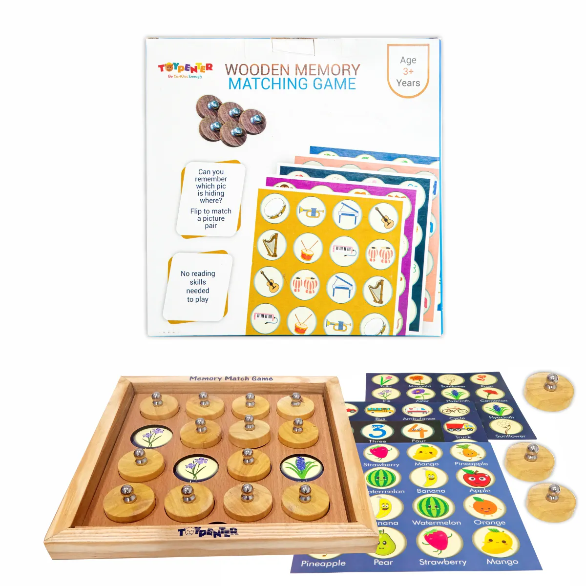 TOYPENTER Wooden Memory Matching Game/ Memory Skill Game for Kids 3  Years I Brain Games for kids with 8 Theme Cards